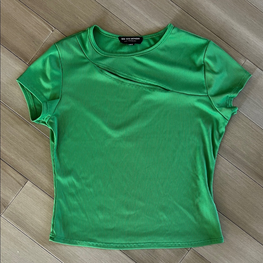 Bright Green Ribbed Short Sleeve Crop Top with modest chest cut out